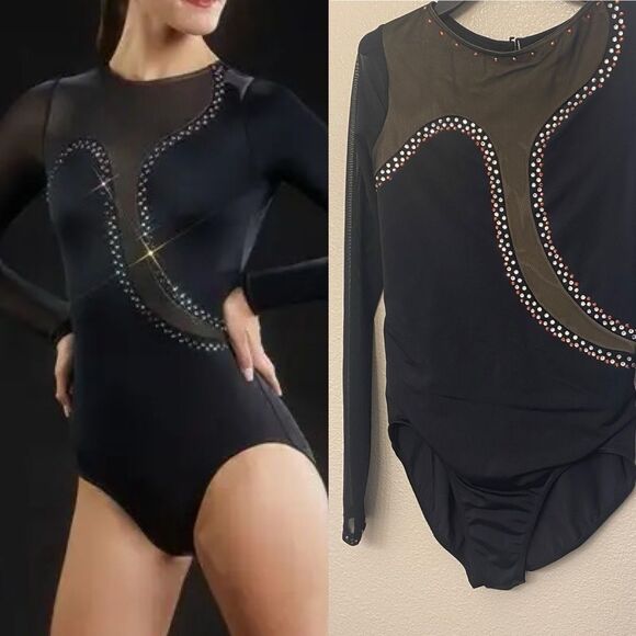 WEISSMAN Ivy Sky Dance Costume black Crystal Asymmetrical Leotard MT11574 MA - Picture 1 of 12